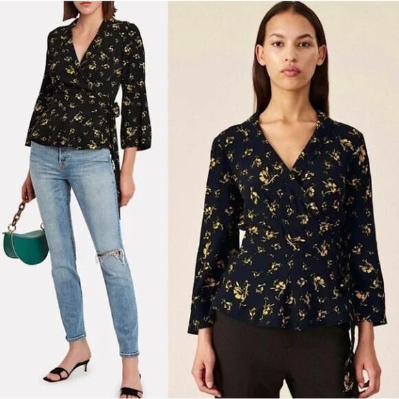 GANNI Floral Crepe Bell Sleeve Wrap Ruffle Top Black Yellow Sz 44/XL $345 {M17} - Picture 2 of 8